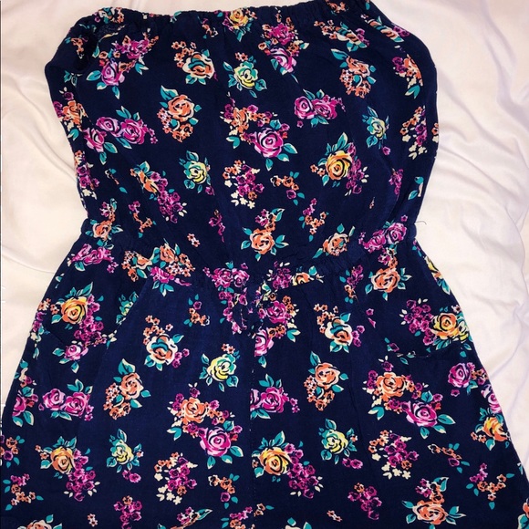 Navy blue, flower print romper - Picture 2 of 3
